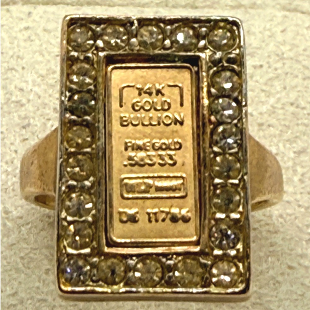 Vintage Faux Gold Bullion Bar Statement Ring Rhinestone Halo Gold Tone Size 7.5
